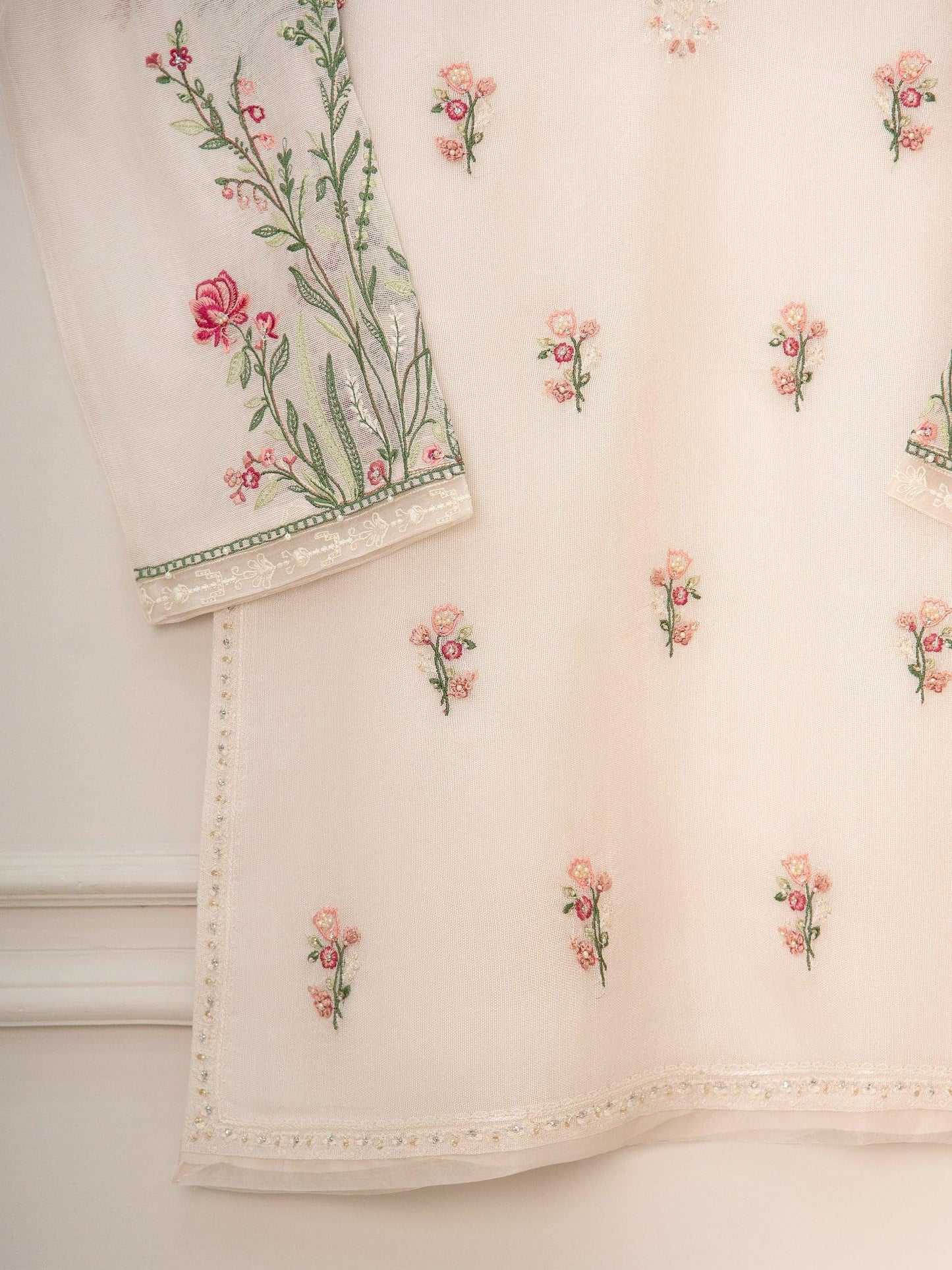 Agha Noor 2 Piece Pure Cotton Net Embroidered Suit - Off White