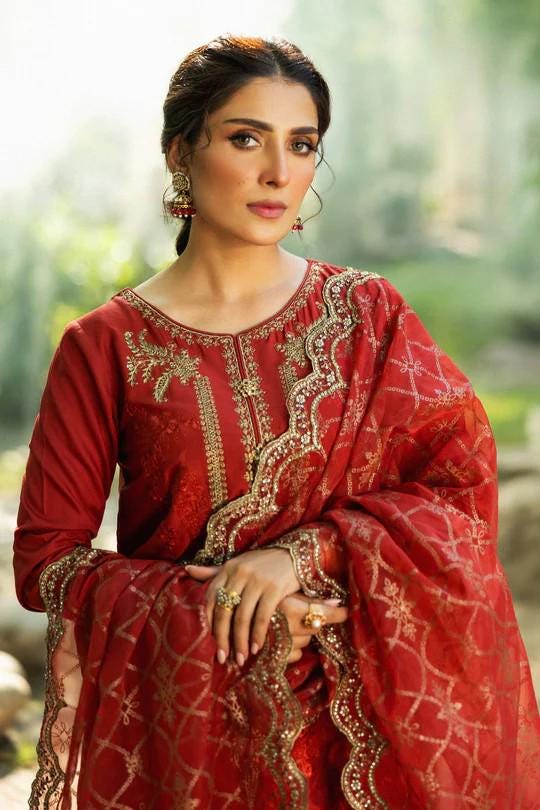 Maria.B - Farshi Shalwar Suit - 3 Piece Embroidered Linen Suit  (Large) - Maroon