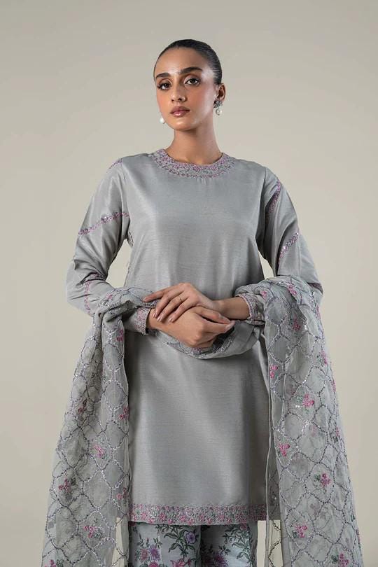 Maria.B - 3 Piece  - Size XL Embroidered Raw Silk Suit