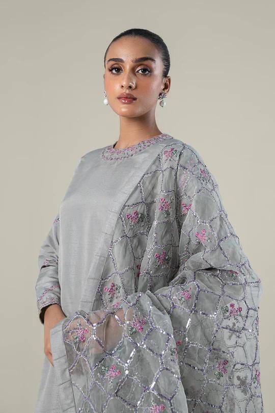Maria.B - 3 Piece  - Size XL Embroidered Raw Silk Suit