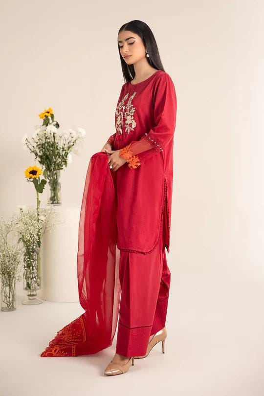Maria.B - 3 Piece Farshi Shalwar Embroidered Self Jacquard Lawn Suit - (Size Large)