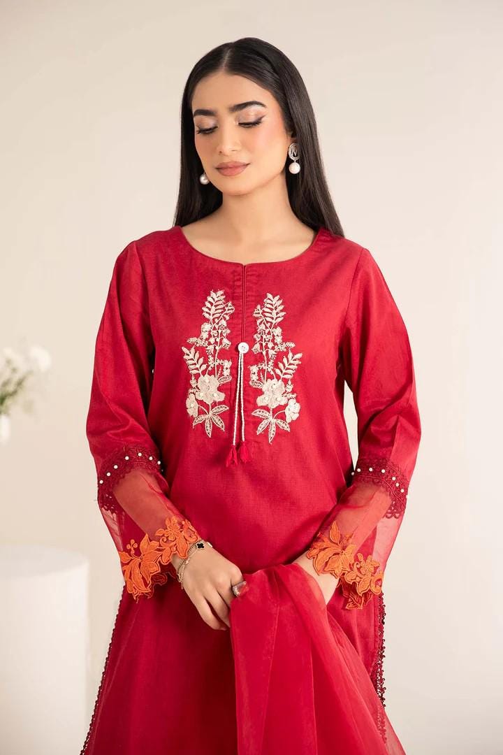 Maria.B - 3 Piece Farshi Shalwar Embroidered Self Jacquard Lawn Suit - (Size Large)