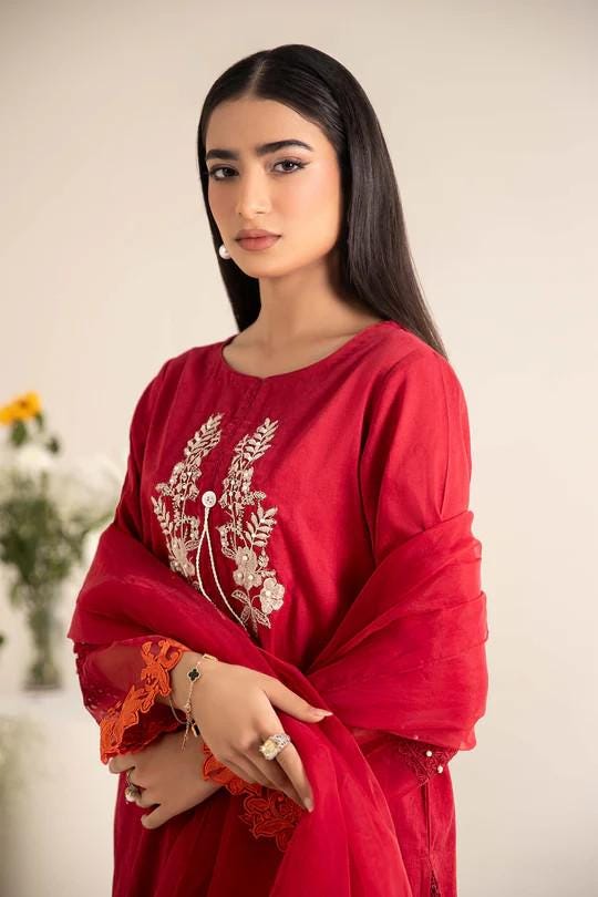 Maria.B - 3 Piece Farshi Shalwar Embroidered Self Jacquard Lawn Suit - (Size Large)