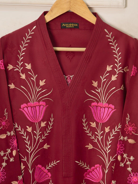 Aghanoor 2 piece - Embroidered Jacquard Suit - Maroon