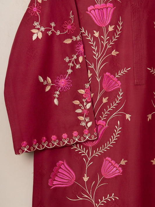 Aghanoor 2 piece - Embroidered Jacquard Suit - Maroon