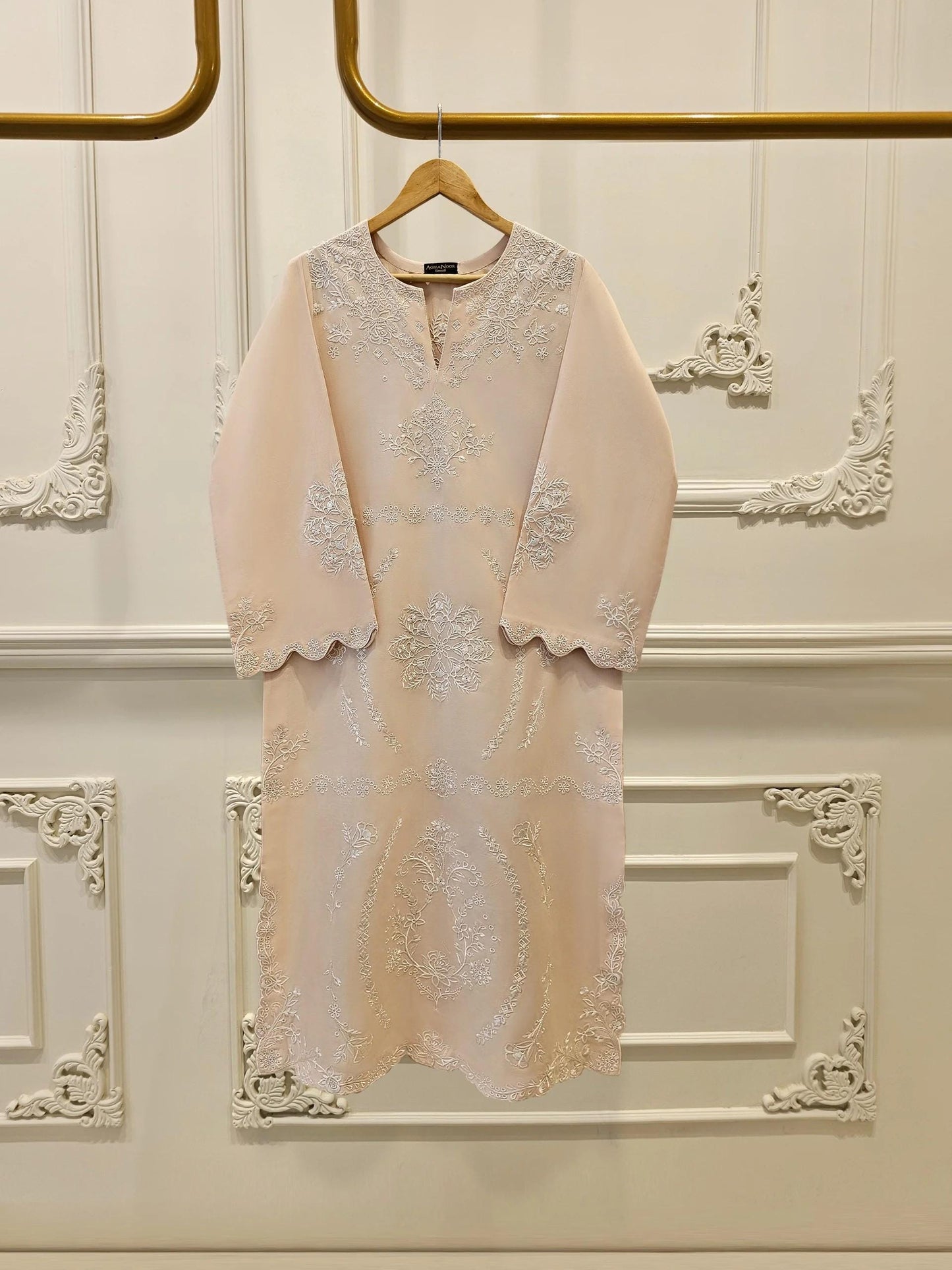 Aghanoor 2 piece - Pure Embroidered Lawn Suit - Beige - India Pakistan Bangladesh Shalwar Kameez