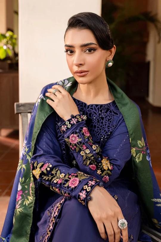 Maria.B - Farshi Shalwar Suit - 3 Piece Embroidered Linen Suit  (Medium, Large) - Blue