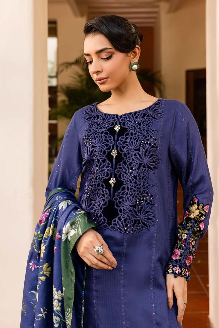 Maria.B - Farshi Shalwar Suit - 3 Piece Embroidered Linen Suit  (Medium, Large) - Blue