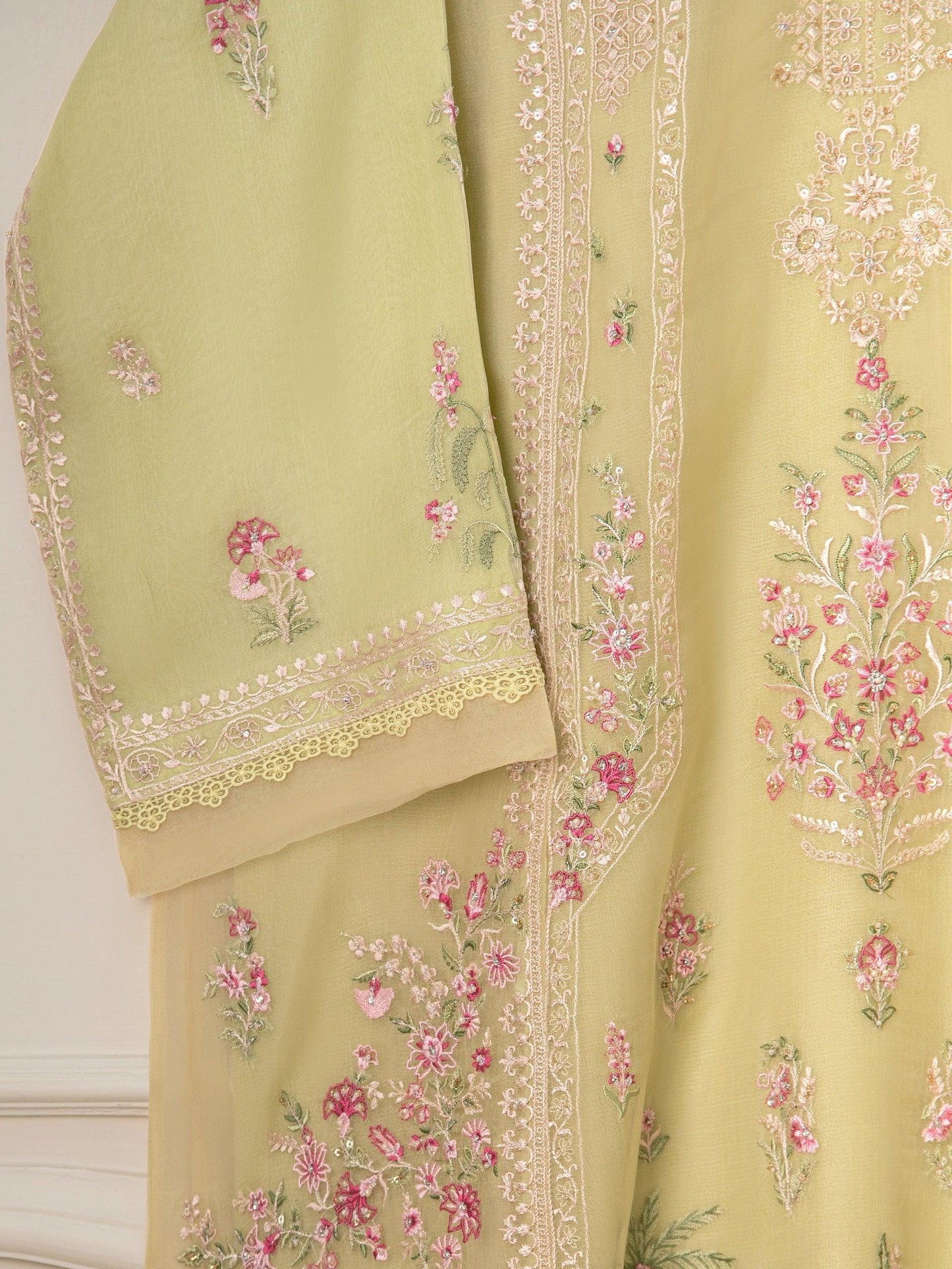 Aghanoor 3 Piece Heavily Embroidered Organza Suit - Pista Green