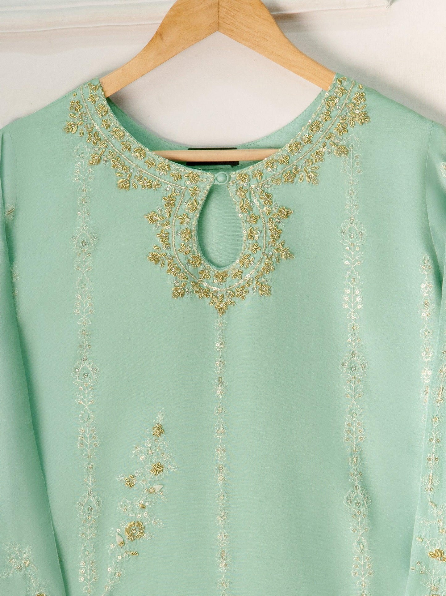 Aghanoor 3 Piece -  Pure Khaddi Silk Embroidered Suit - Ferozi (Size - Medium)