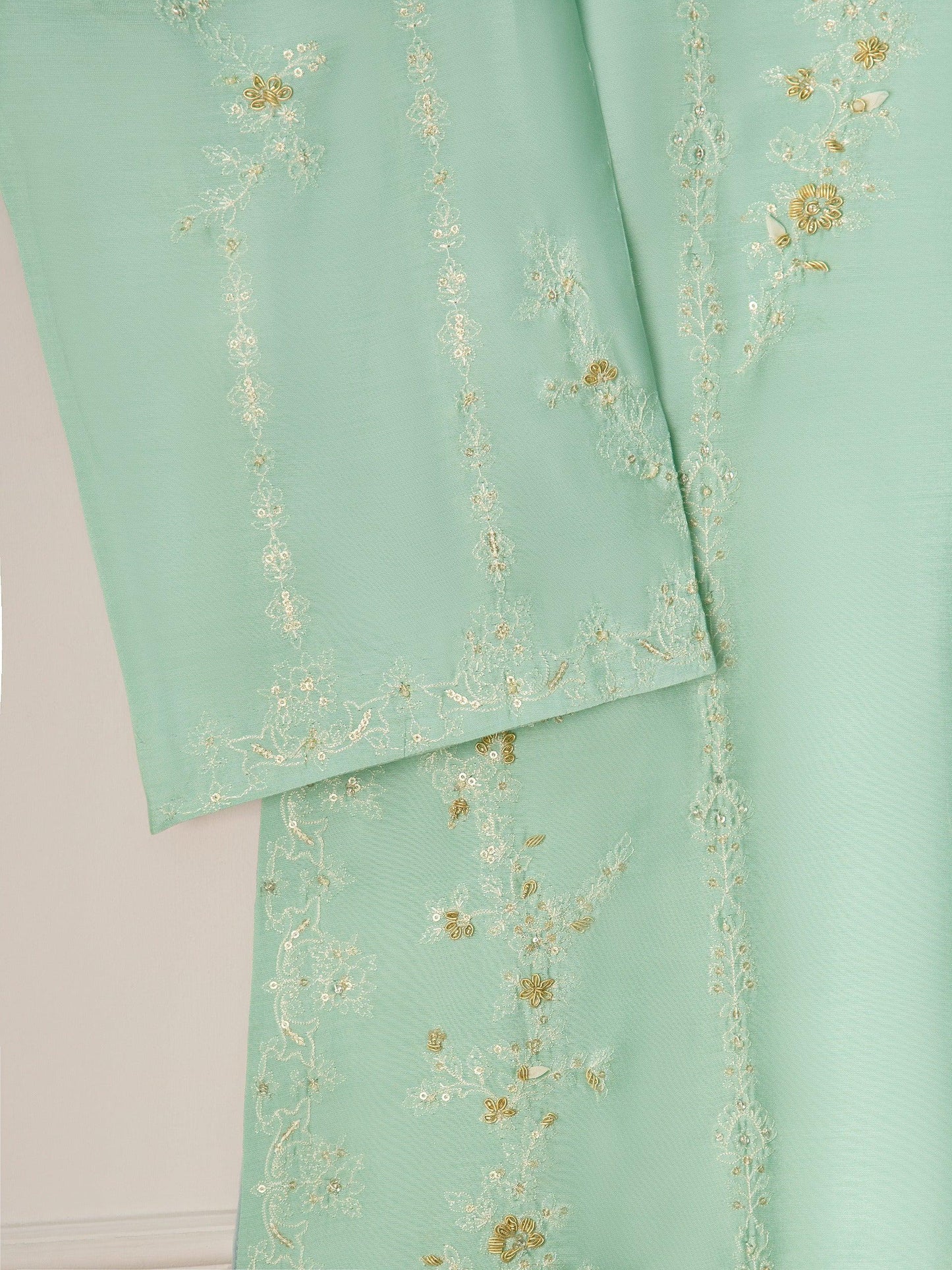 Aghanoor 3 Piece -  Pure Khaddi Silk Embroidered Suit - Ferozi (Size - Medium)