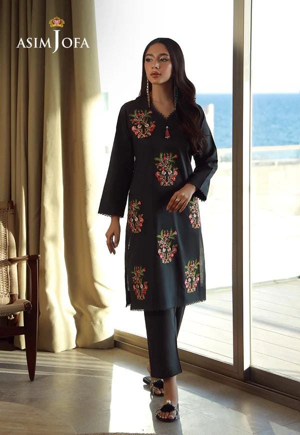 Asim Jofa Designer 2 Piece Embroidered Cotton Suit - Black