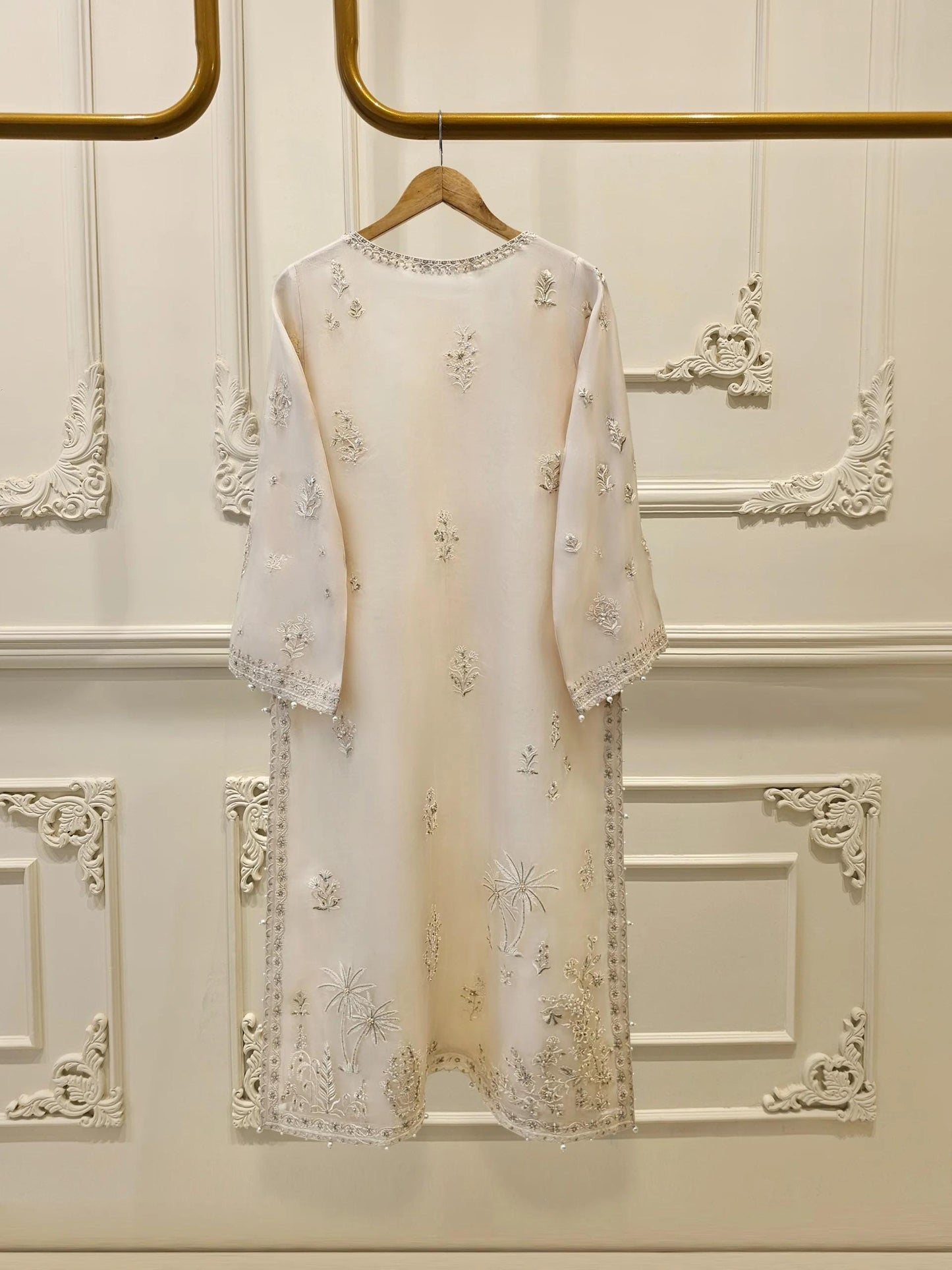 Aghanoor 3 Piece Pure Organza Embroidered Suit - Beige - Size (Medium, Large)