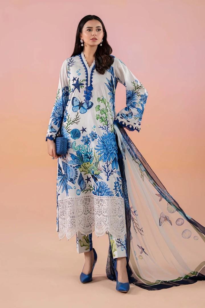 Maria.B - 3 Piece Printed Lawn Suit  (Large) - White & Blue
