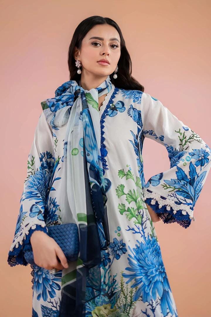 Maria.B - 3 Piece Printed Lawn Suit  (Large) - White & Blue