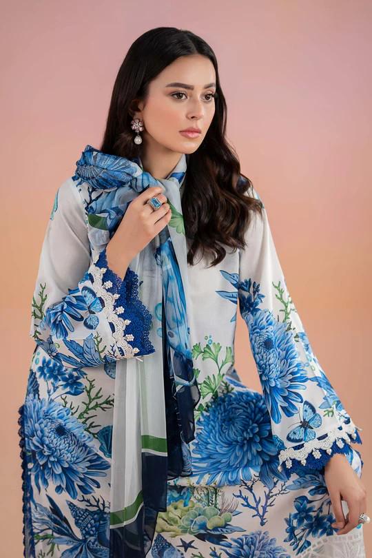 Maria.B - 3 Piece Printed Lawn Suit  (Large) - White & Blue