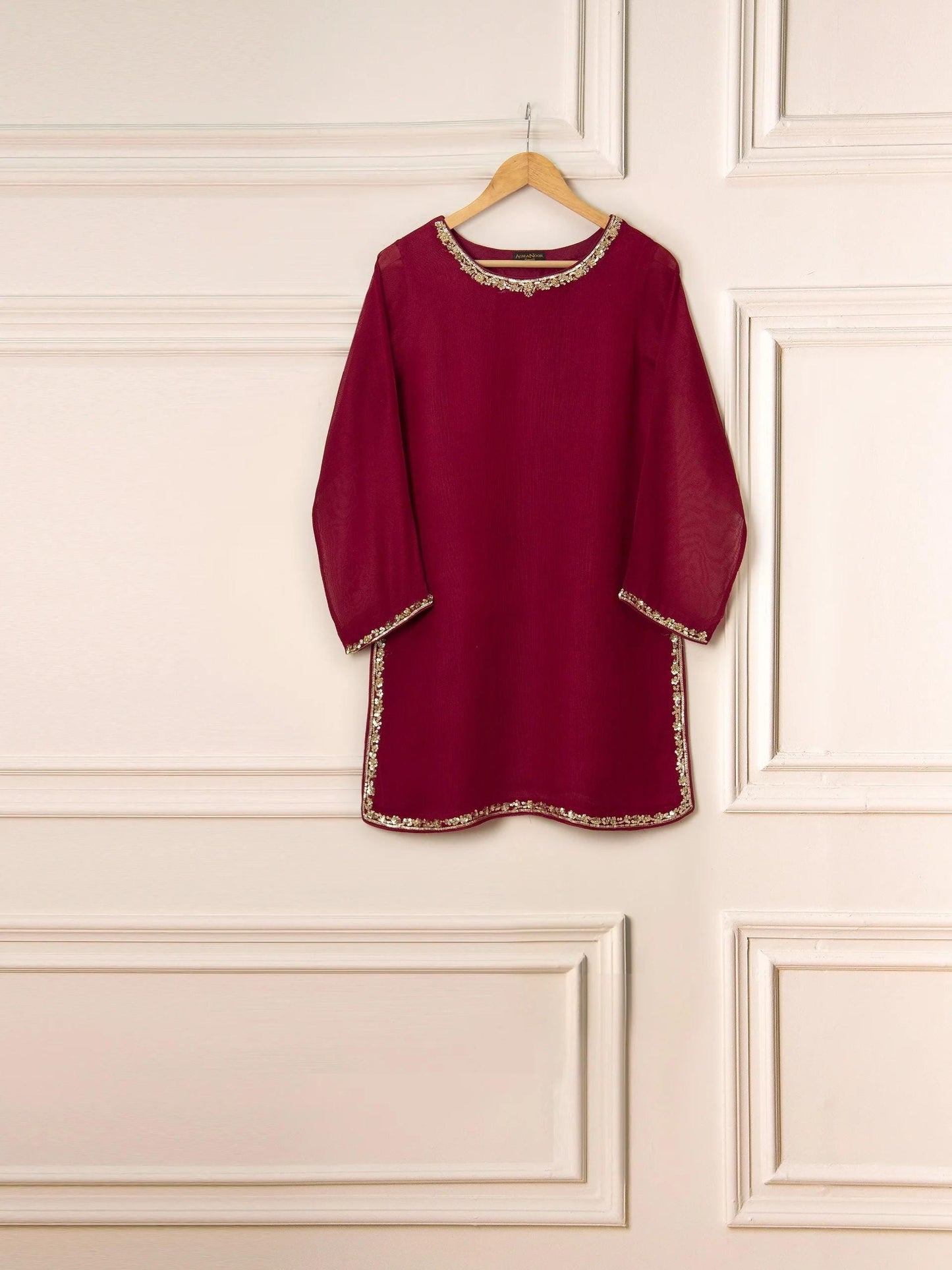 Aghanoor 3 Piece Pure Cotton Net Embroidered Suit Size - Maroon - Korean Silk Pants