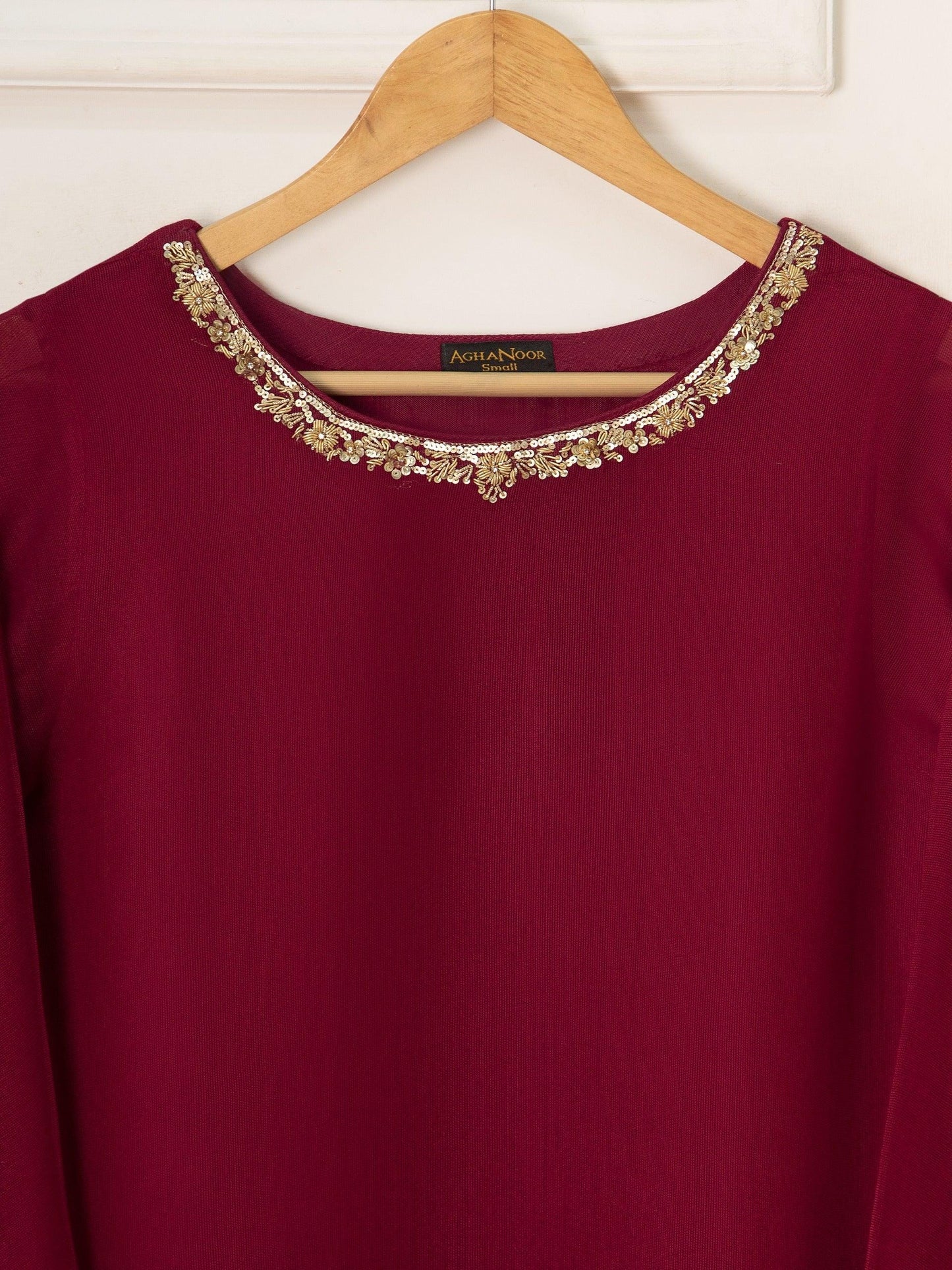 Aghanoor 3 Piece Pure Cotton Net Embroidered Suit Size - Maroon - Korean Silk Pants
