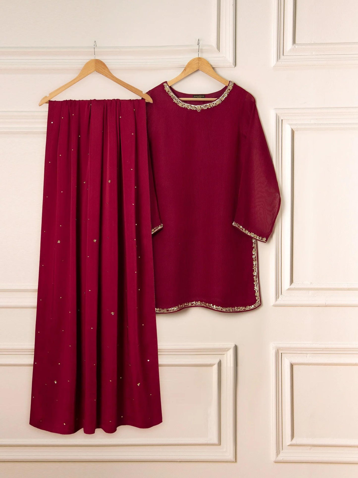 Aghanoor 3 Piece Pure Cotton Net Embroidered Suit Size - Maroon - Korean Silk Pants