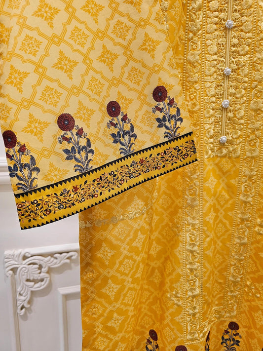 Aghanoor 2 piece - Digital Printed Embroidered Lawn Suit - Yellow - India Pakistan Bangladesh Dupatta Kameez