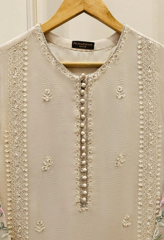 Aghanoor 2 Piece Pure Cotton Net Embroidered Suit - Beige