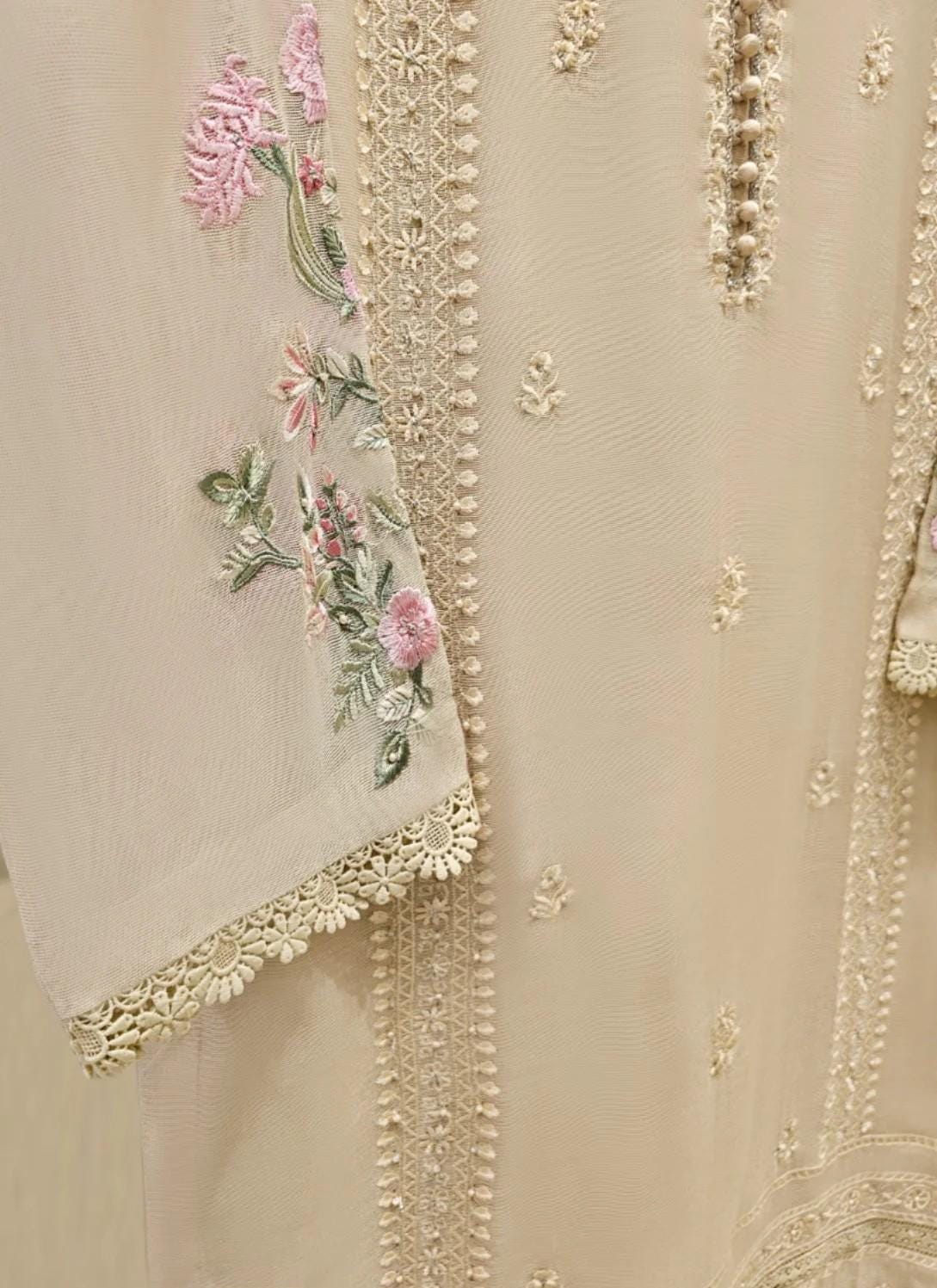 Aghanoor 2 Piece Pure Cotton Net Embroidered Suit - Beige