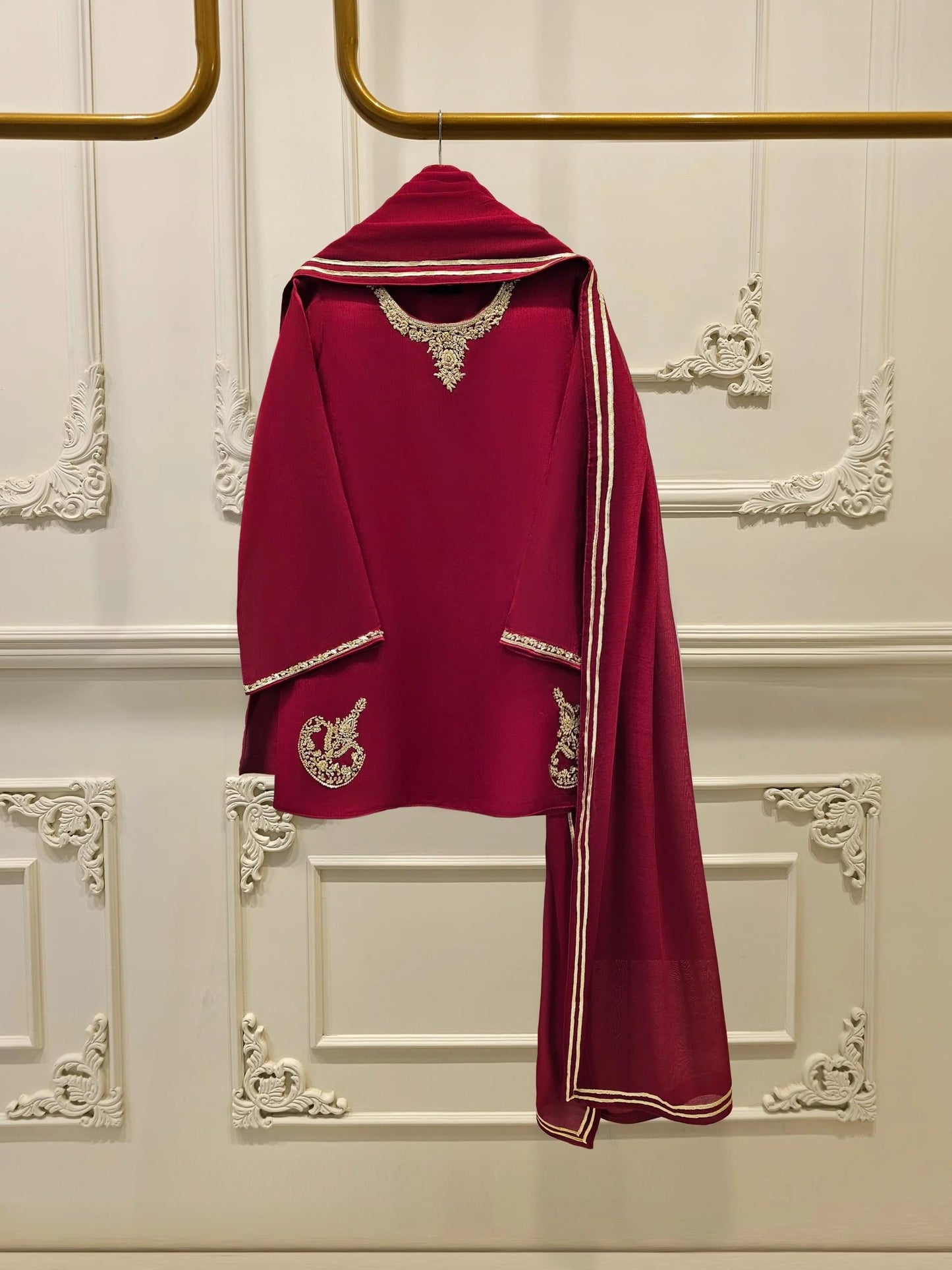 Aghanoor 3 Piece Pure Cotton Net Embroidered Suit  - Maroon - Korean Silk Pants