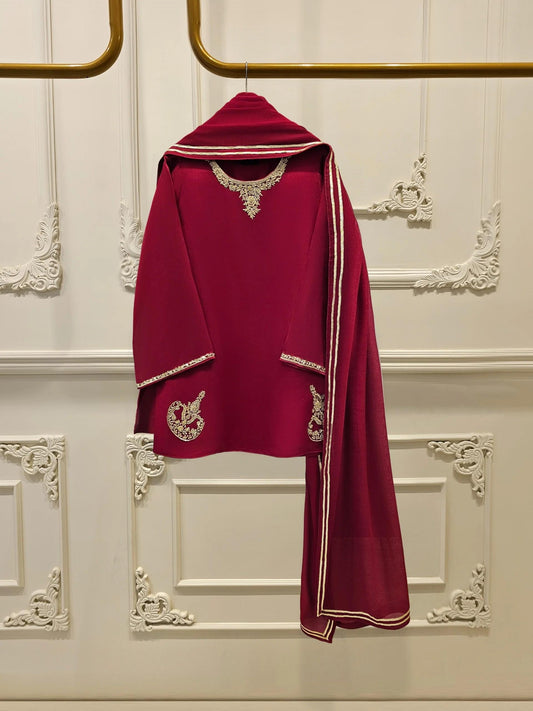 Aghanoor 3 Piece Pure Cotton Net Embroidered Suit  - Maroon - Korean Silk Pants