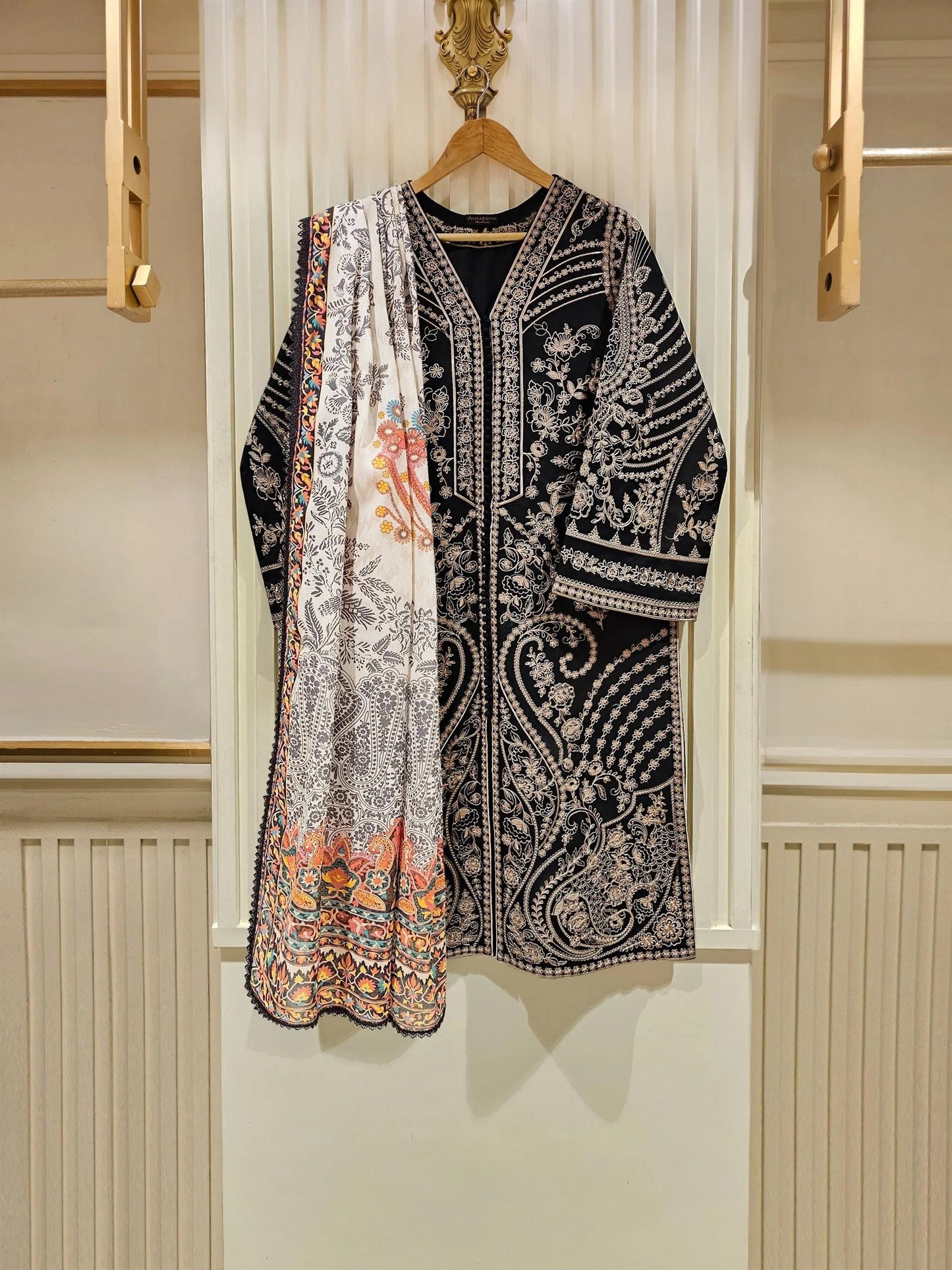 Aghanoor 3 Piece Embroidered Lawn Suit Size (Large, Medium) - Black