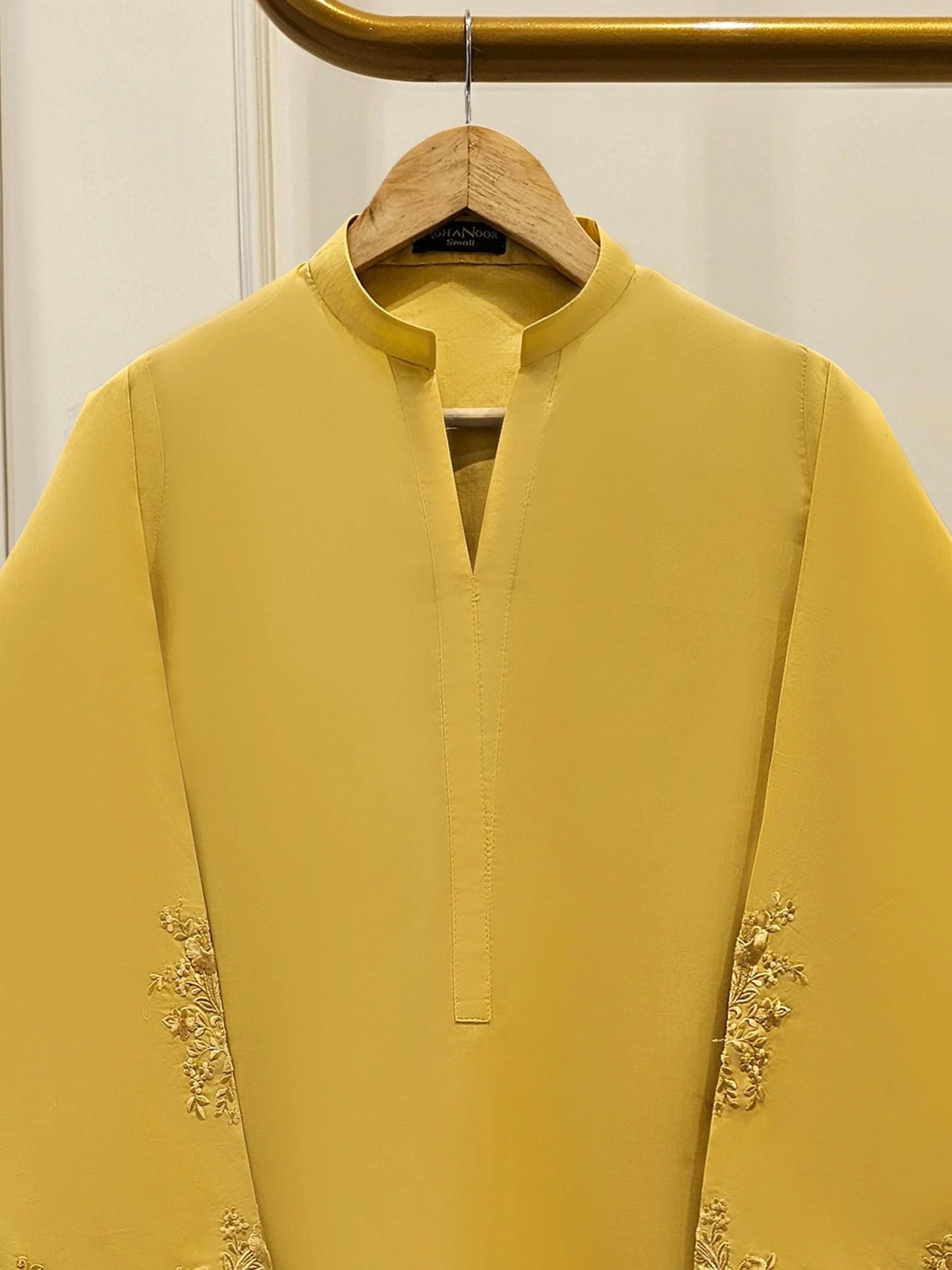 Embroidered Lawn Frock Suit: Aghanoor Mustard Shalwar Kameez