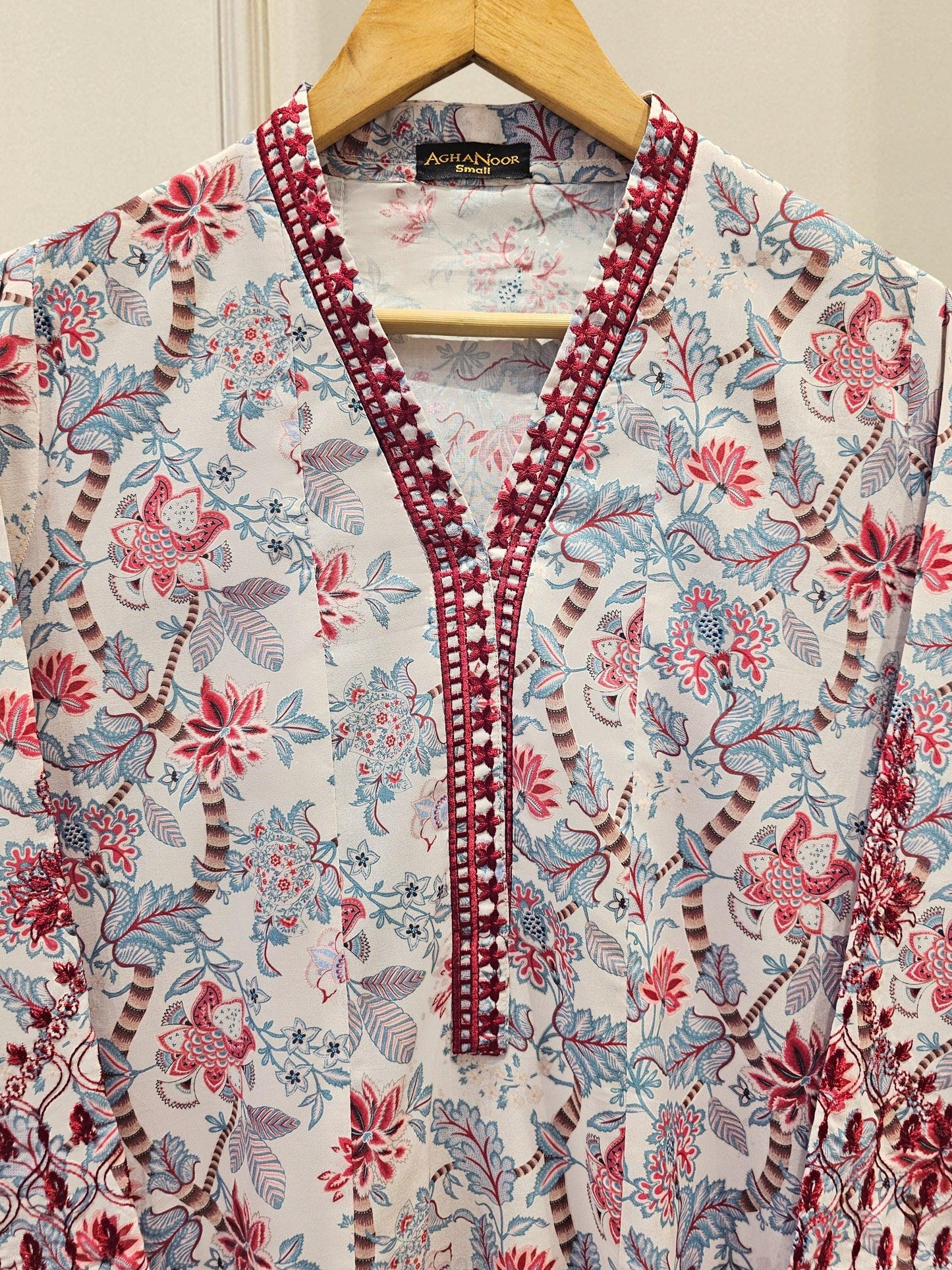 Aghanoor 2 piece - Digital Printed Embroidered Summer Lawn Suit - (Size- Large, Medium) - Maroon Printed
