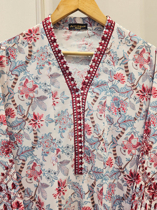Aghanoor 2 piece - Digital Printed Embroidered Summer Lawn Suit - (Size- Large, Medium) - Maroon Printed