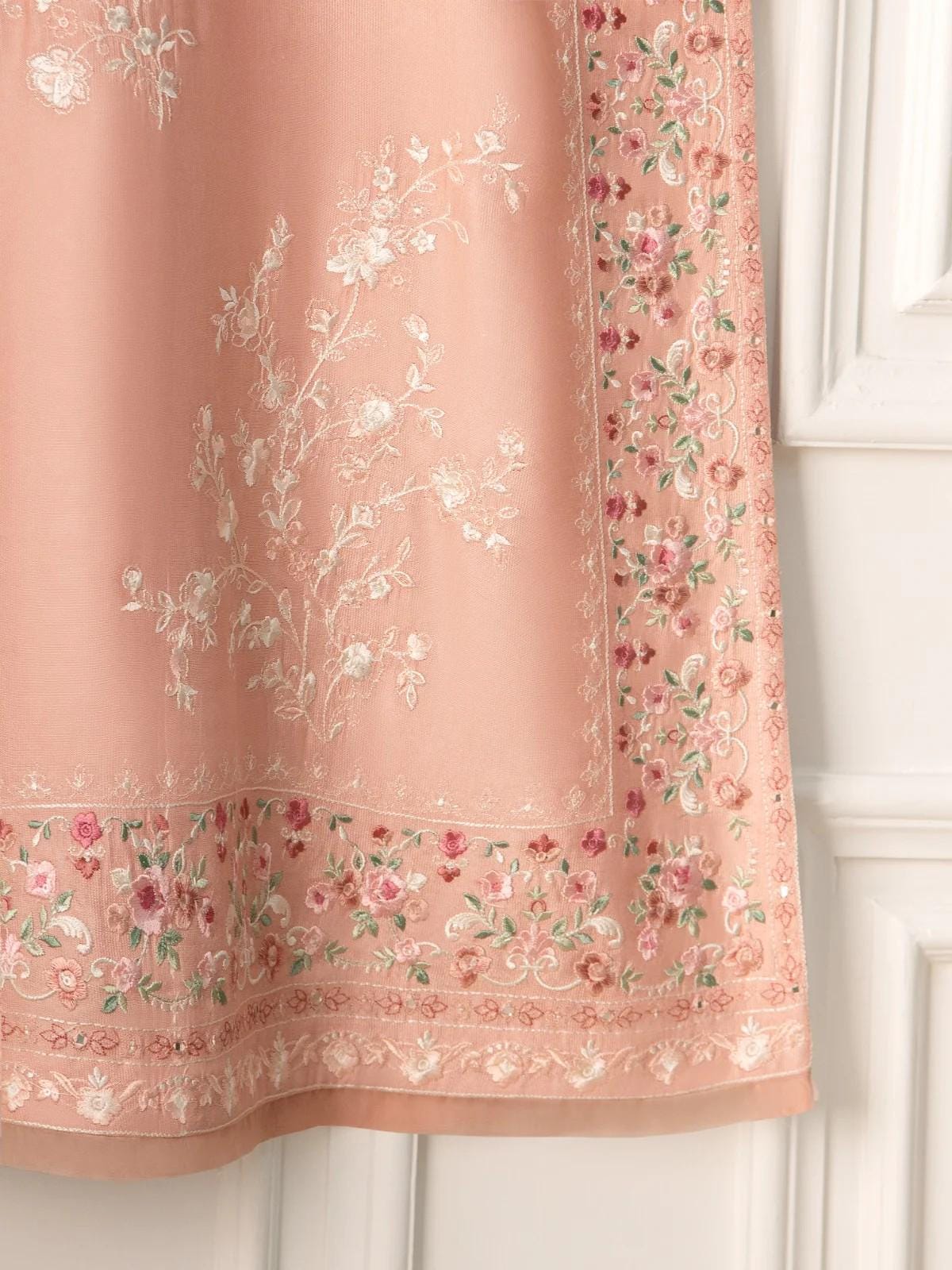 Aghanoor 2 Piece Pure Silk Embroidered Suit Size (Medium) - Peach - Raw Silk Pants