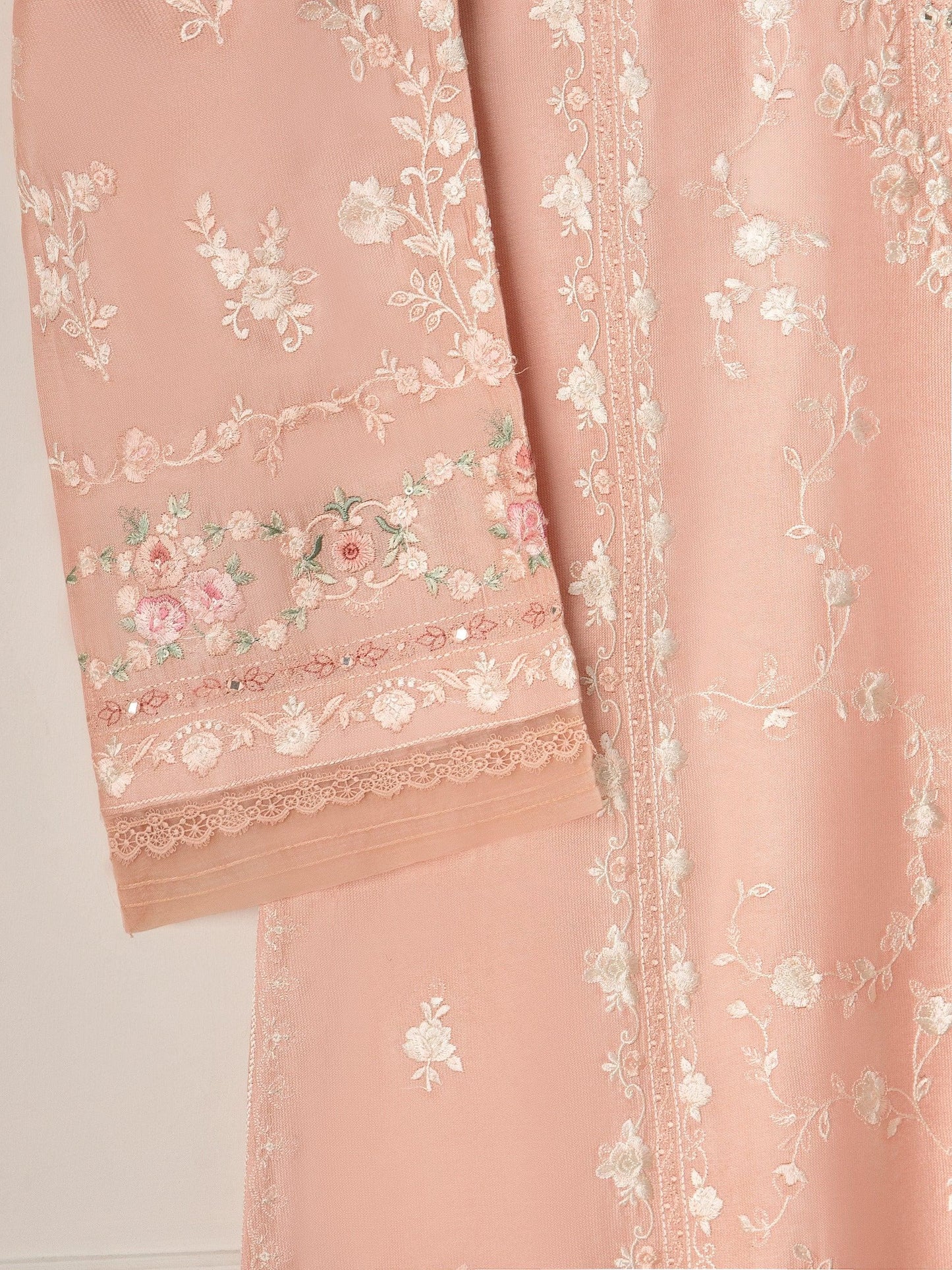 Aghanoor 2 Piece Pure Silk Embroidered Suit Size (Medium) - Peach - Raw Silk Pants