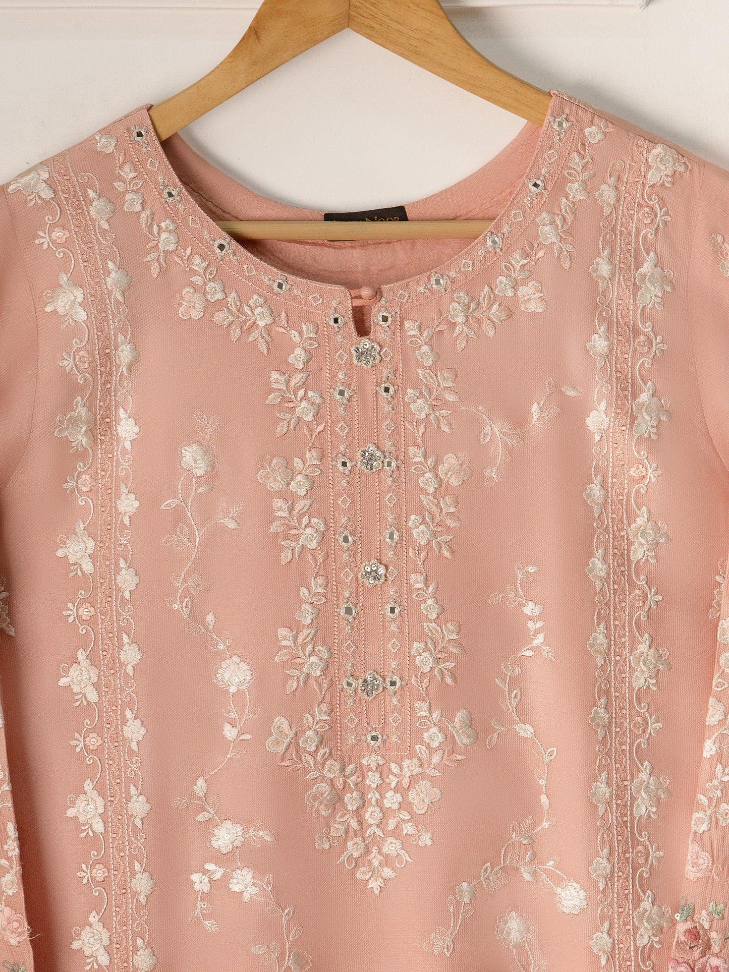 Aghanoor 2 Piece Pure Silk Embroidered Suit Size (Medium) - Peach - Raw Silk Pants
