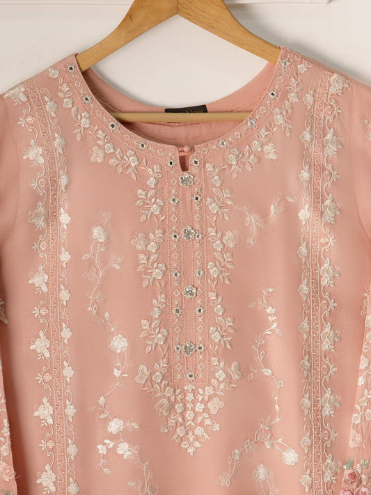 Aghanoor 2 Piece Pure Silk Embroidered Suit Size (Medium) - Peach - Raw Silk Pants
