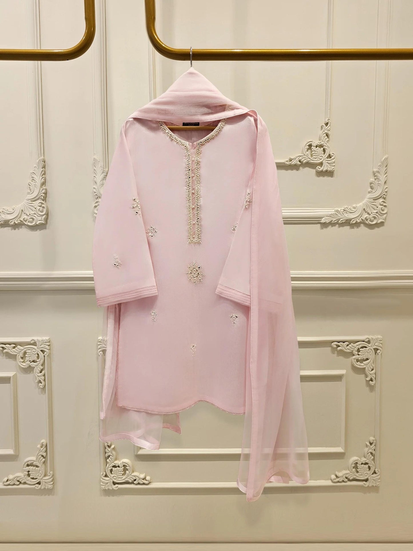 Aghanoor 3 Piece Pure Silk Embroidered Suit Size (Large, Medium) - Tea Pink - Chiffon Dupatta