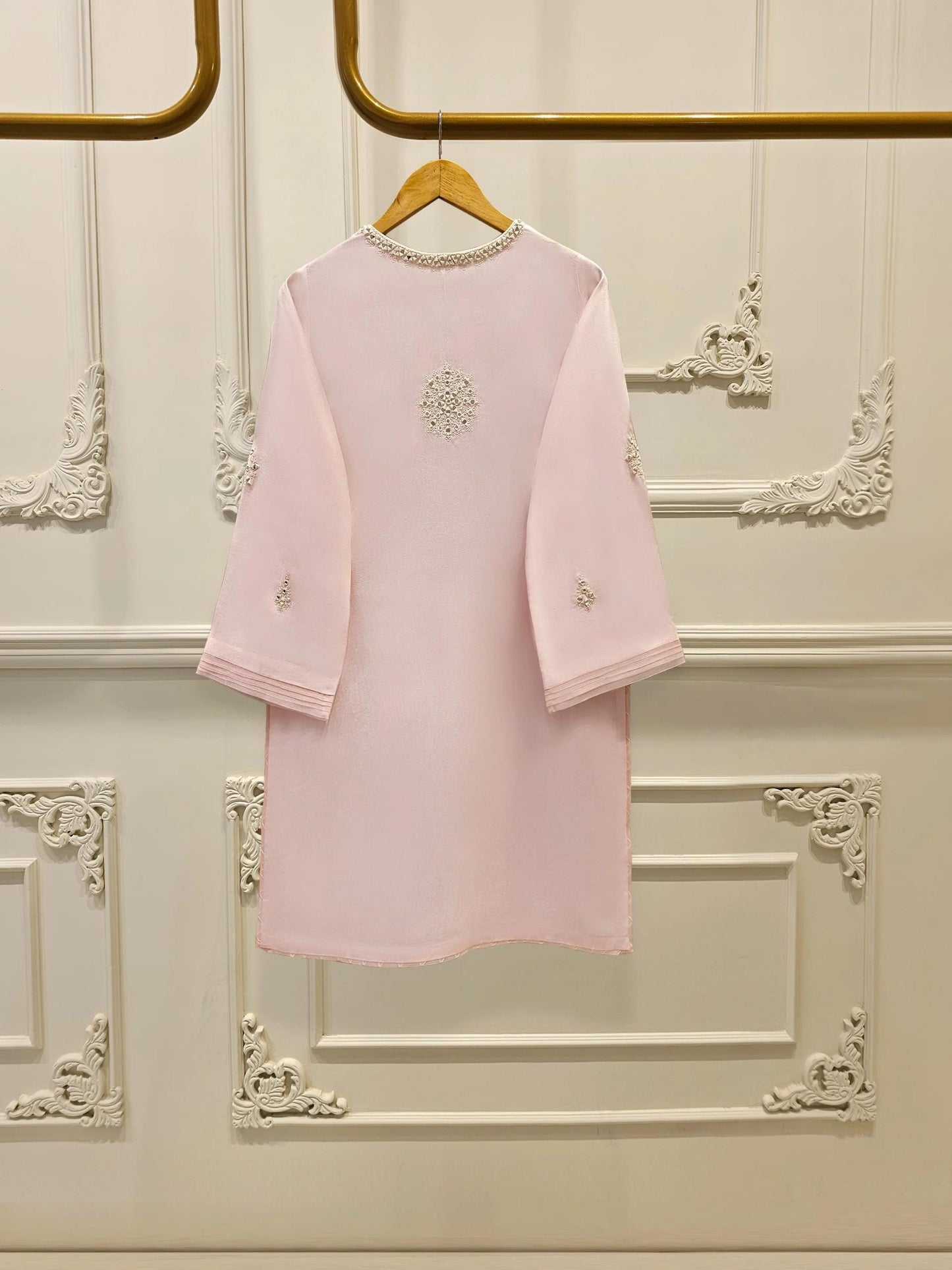 Aghanoor 3 Piece Pure Silk Embroidered Suit Size (Large, Medium) - Tea Pink - Chiffon Dupatta