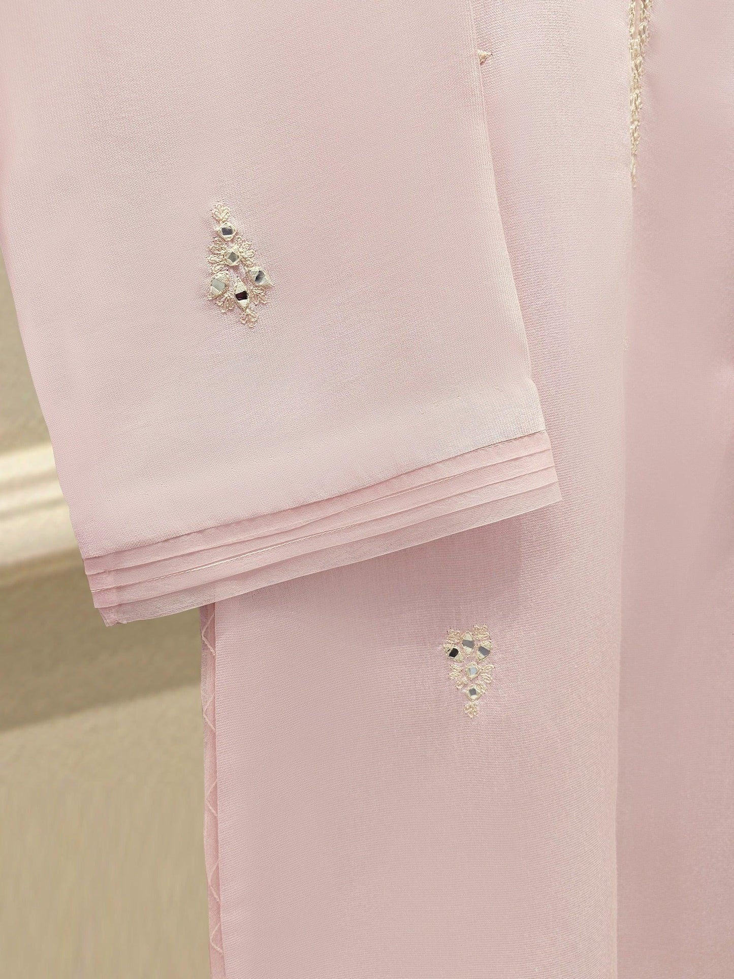 Aghanoor 3 Piece Pure Silk Embroidered Suit Size (Large, Medium) - Tea Pink - Chiffon Dupatta