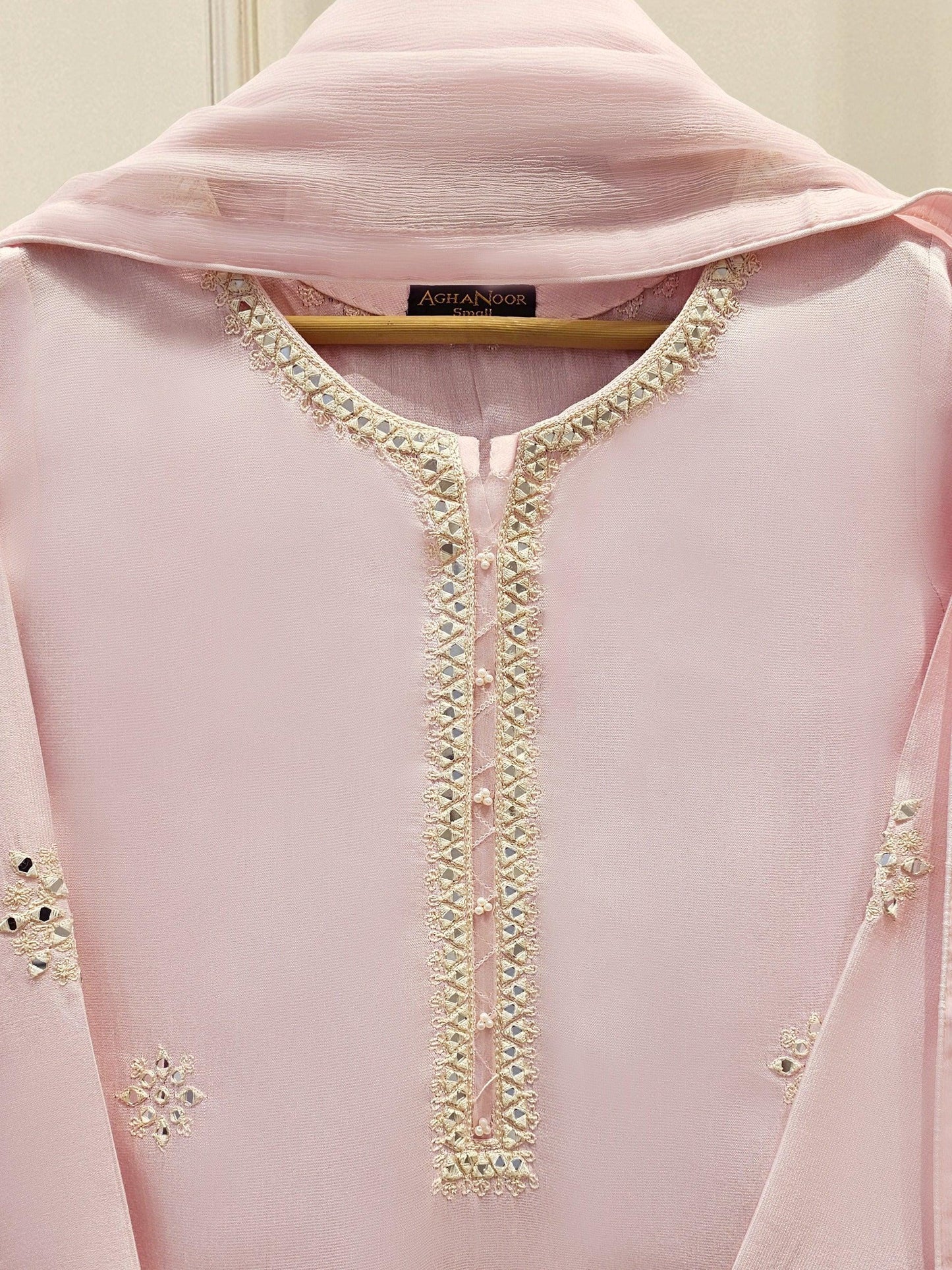 Aghanoor 3 Piece Pure Silk Embroidered Suit Size (Large, Medium) - Tea Pink - Chiffon Dupatta