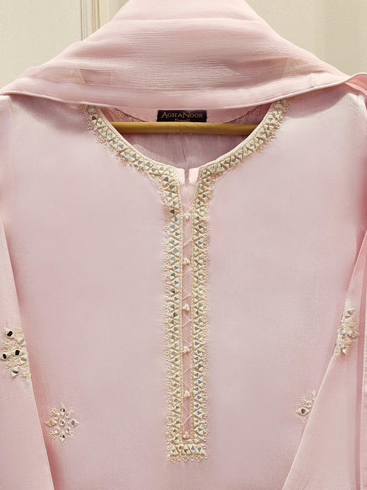 Aghanoor 3 Piece Pure Silk Embroidered Suit Size (Large, Medium) - Tea Pink - Chiffon Dupatta