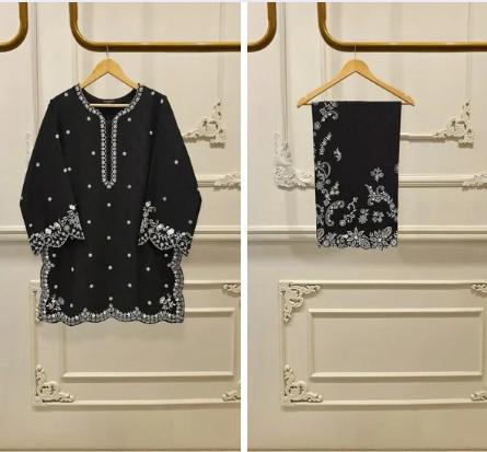 Aghanoor 2 piece - (Size-L, M) Embroidered Jacquard Suit - Black