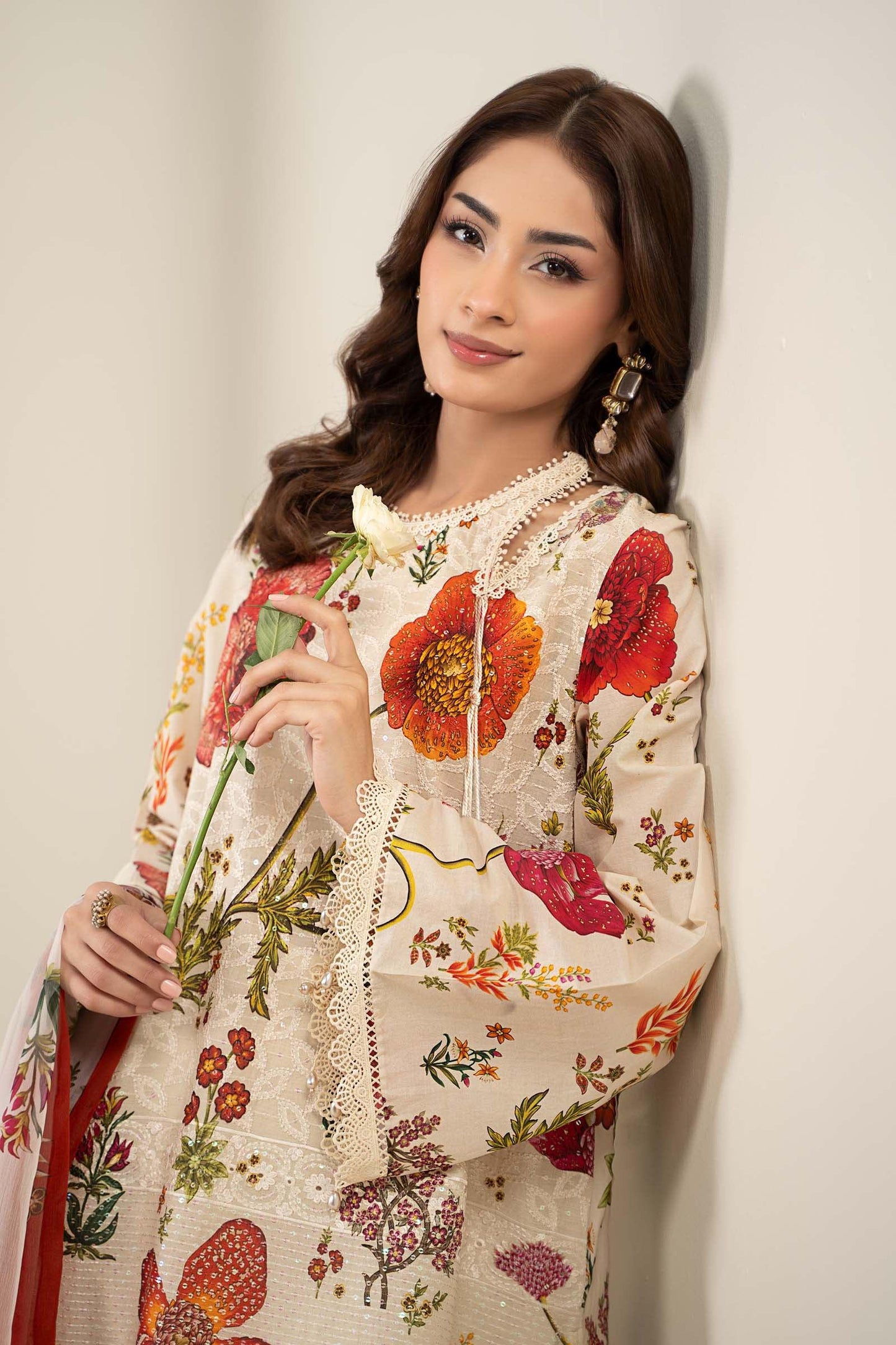 Maria.B - 3 Piece Embroidered Lawn Suit  (Medium) - Peach