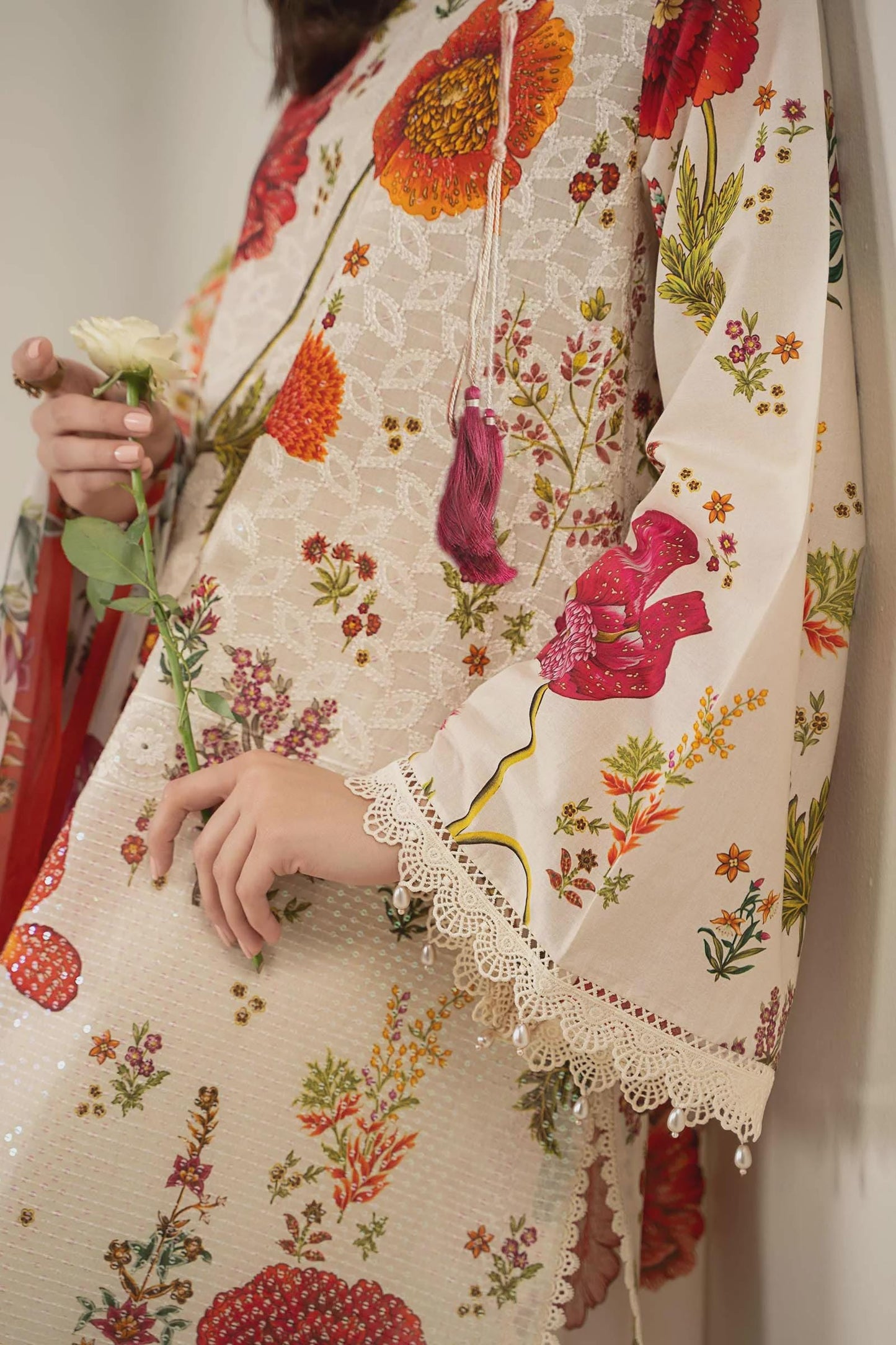 Maria.B - 3 Piece Embroidered Lawn Suit  (Medium) - Peach