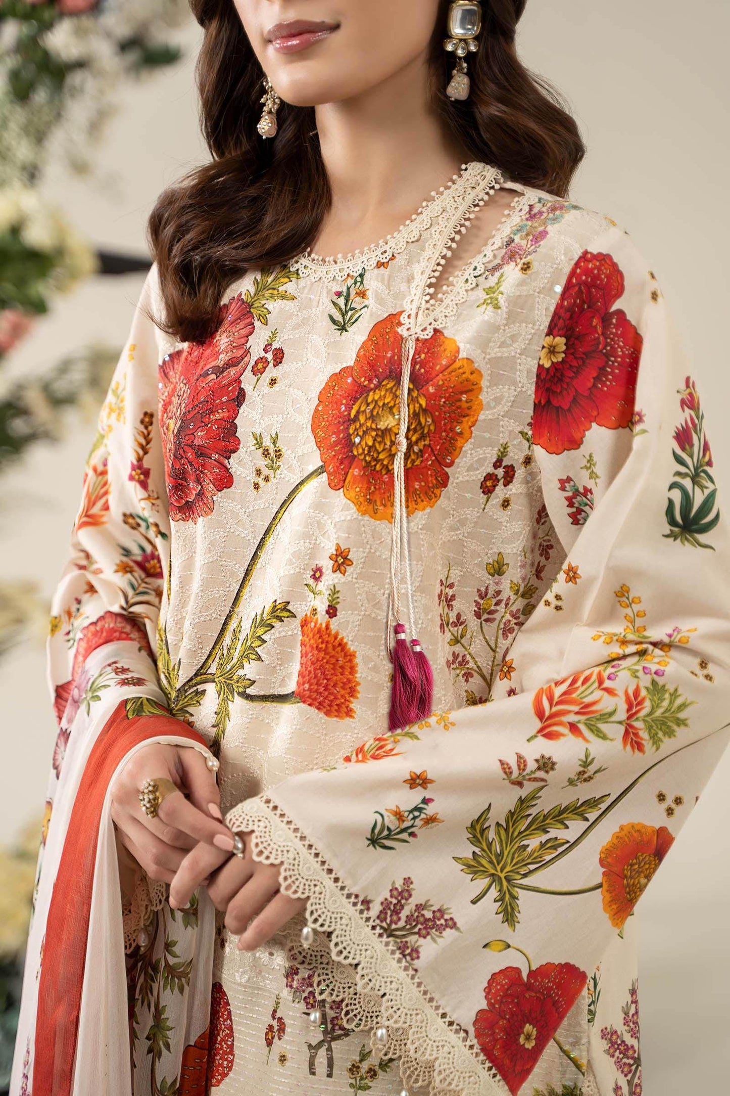 Maria.B - 3 Piece Embroidered Lawn Suit  (Medium) - Peach