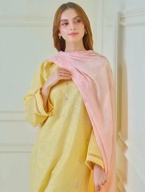 Agha Noor 2 piece - Embroidered Lawn Suit - Yellow and Pink