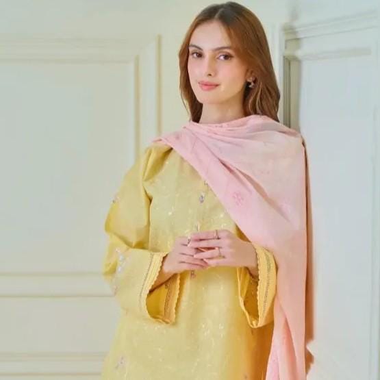Agha Noor 2 piece - Embroidered Lawn Suit - Yellow and Pink