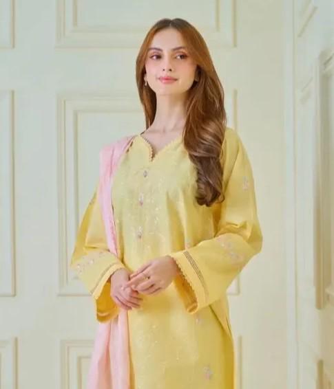 Agha Noor 2 piece - Embroidered Lawn Suit - Yellow and Pink