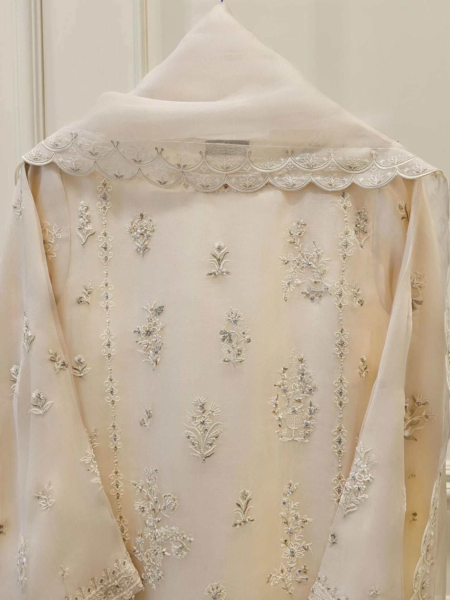 Aghanoor 3 Piece Pure Organza Embroidered Suit - Beige - Size (Medium, Large)