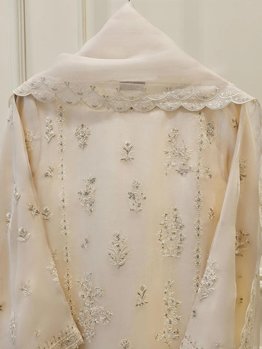 Aghanoor 3 Piece Pure Organza Embroidered Suit - Beige - Size (Medium, Large)